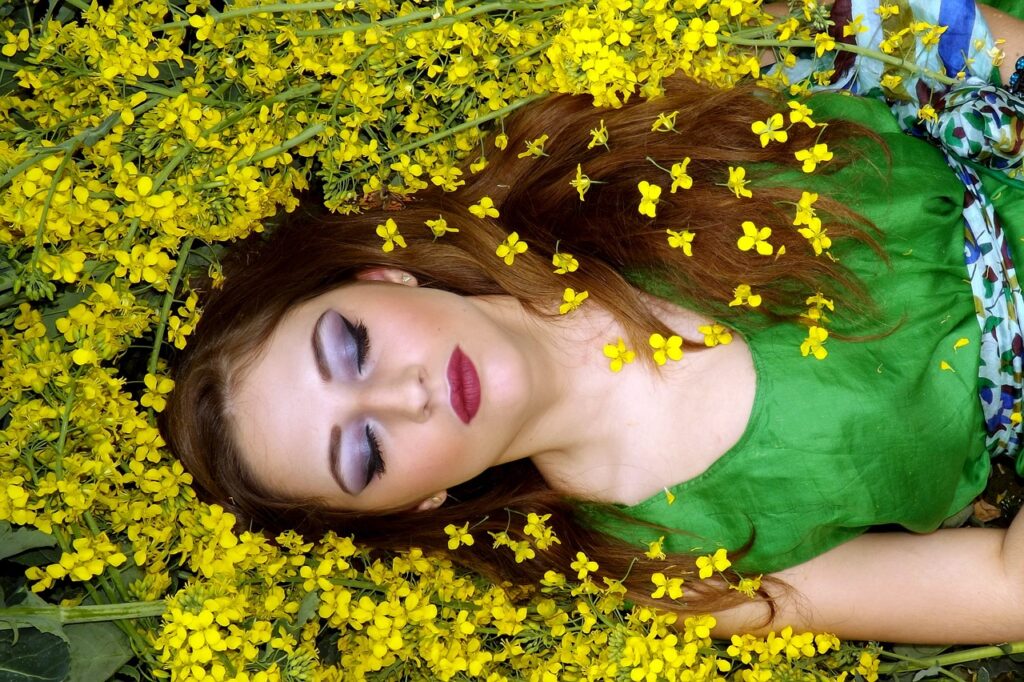 girl, flowers, yellow